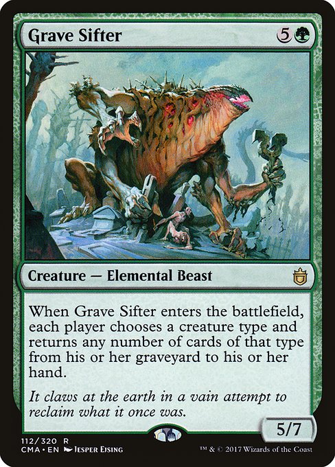 When Grave Sifter enters the battlefield, each player chooses a creature type and returns any number of cards of that type from their graveyard to their hand.