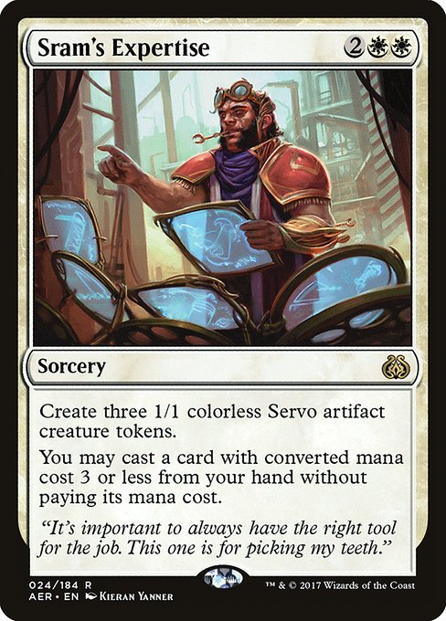 Create three 1/1 colorless Servo artifact creature tokens.
You may cast a spell with mana value 3 or less from your hand without paying its mana cost.