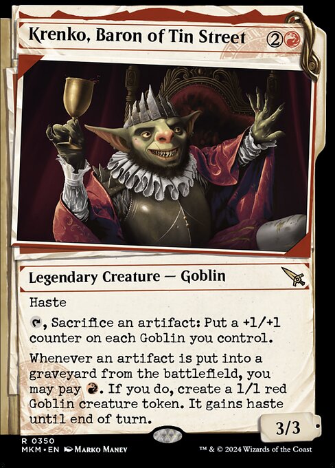 Haste
{T}, Sacrifice an artifact: Put a +1/+1 counter on each Goblin you control.
Whenever an artifact is put into a graveyard from the battlefield, you may pay {R}. If you do, create a 1/1 red Goblin creature token. It gains haste until end of turn.
