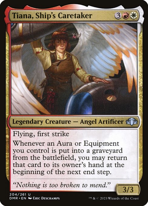 Flying, first strike
Whenever an Aura or Equipment you control is put into a graveyard from the battlefield, you may return that card to its owner's hand at the beginning of the next end step.