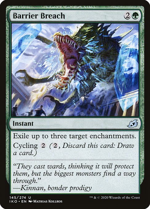 Exile up to three target enchantments.
Cycling {2} ({2}, Discard this card: Draw a card.)