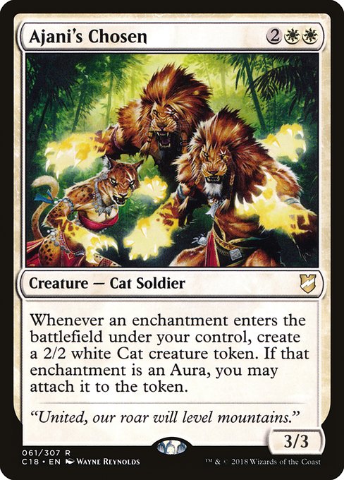 Whenever an enchantment enters the battlefield under your control, create a 2/2 white Cat creature token. If that enchantment is an Aura, you may attach it to the token.