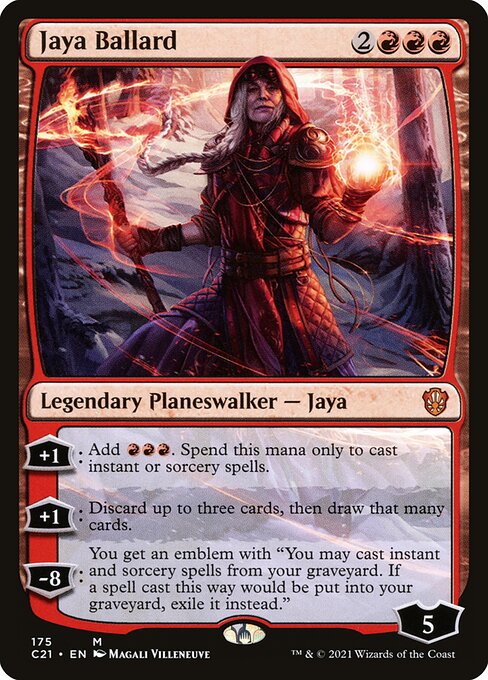 '+1: Add {R}{R}{R}. Spend this mana only to cast instant or sorcery spells.
+1: Discard up to three cards, then draw that many cards.
−8: You get an emblem with "You may cast instant and sorcery spells from your graveyard. If a spell cast this way would be put into your graveyard, exile it instead."
