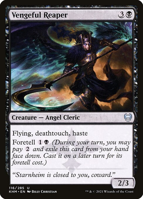 Flying, deathtouch, haste
Foretell {1}{B} (During your turn, you may pay {2} and exile this card from your hand face down. Cast it on a later turn for its foretell cost.)