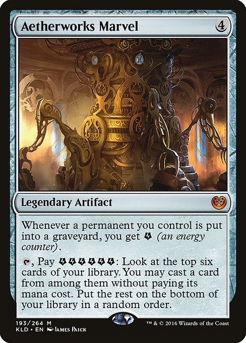 Whenever a permanent you control is put into a graveyard, you get {E} (an energy counter).
{T}, Pay {E}{E}{E}{E}{E}{E}: Look at the top six cards of your library. You may cast a spell from among them without paying its mana cost. Put the rest on the bottom of your library in a random order.