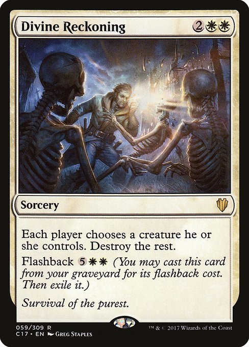 Each player chooses a creature they control. Destroy the rest.
Flashback {5}{W}{W} (You may cast this card from your graveyard for its flashback cost. Then exile it.)