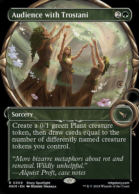 Create a 0/1 green Plant creature token, then draw cards equal to the number of differently named creature tokens you control.