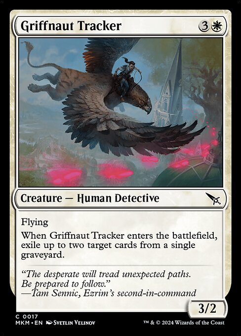 Flying
When Griffnaut Tracker enters the battlefield, exile up to two target cards from a single graveyard.