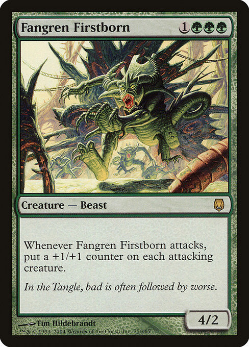 Whenever Fangren Firstborn attacks, put a +1/+1 counter on each attacking creature.