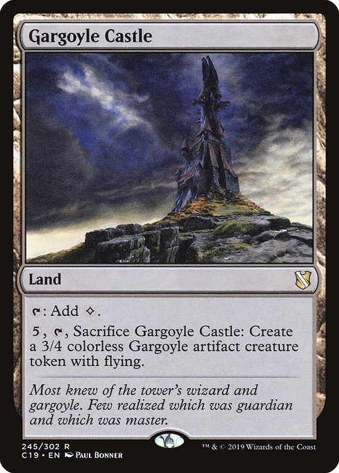 {T}: Add {C}.
{5}, {T}, Sacrifice Gargoyle Castle: Create a 3/4 colorless Gargoyle artifact creature token with flying.