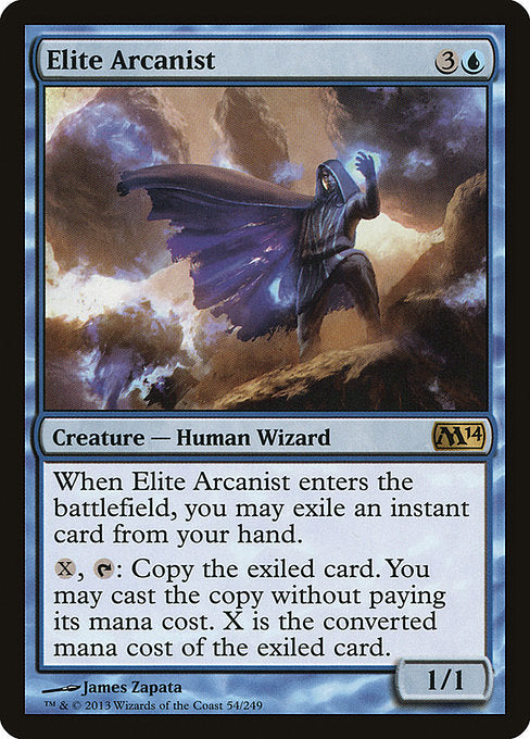 When Elite Arcanist enters the battlefield, you may exile an instant card from your hand.
{X}, {T}: Copy the exiled card. You may cast the copy without paying its mana cost. X is the mana value of the exiled card.