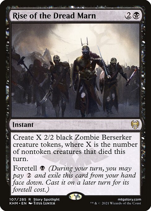 Create X 2/2 black Zombie Berserker creature tokens, where X is the number of nontoken creatures that died this turn.
Foretell {B} (During your turn, you may pay {2} and exile this card from your hand face down. Cast it on a later turn for its foretell cost.)