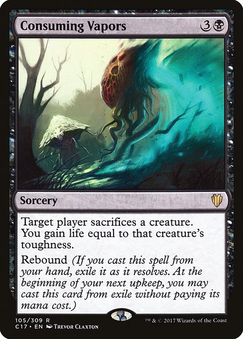 Target player sacrifices a creature. You gain life equal to that creature's toughness.
Rebound (If you cast this spell from your hand, exile it as it resolves. At the beginning of your next upkeep, you may cast this card from exile without paying its mana cost.)