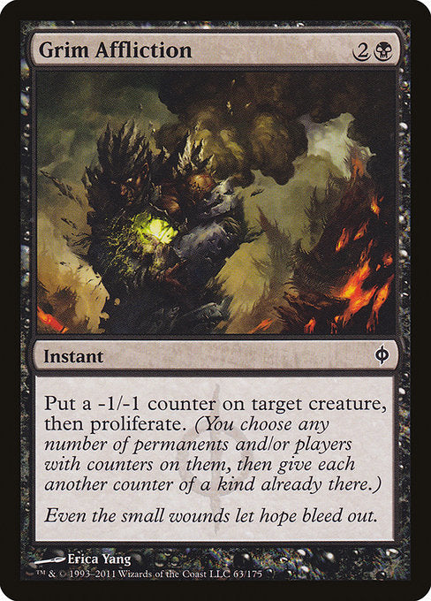 Put a -1/-1 counter on target creature, then proliferate. (Choose any number of permanents and/or players, then give each another counter of each kind already there.)