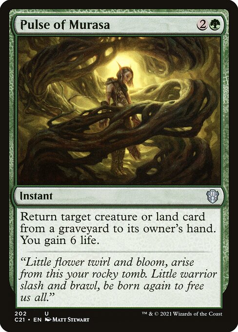 Return target creature or land card from a graveyard to its owner's hand. You gain 6 life.