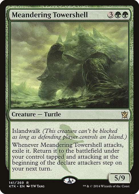Islandwalk (This creature can't be blocked as long as defending player controls an Island.)
Whenever Meandering Towershell attacks, exile it. Return it to the battlefield under your control tapped and attacking at the beginning of the declare attackers step on your next turn.