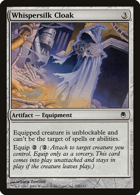 Equipped creature can't be blocked and has shroud. (It can't be the target of spells or abilities.)
Equip {2}