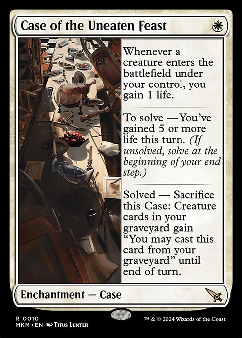 Whenever a creature enters the battlefield under your control, you gain 1 life.
To solve — You've gained 5 or more life this turn. (If unsolved, solve at the beginning of your end step.)
Solved — Sacrifice this Case: Creature cards in your graveyard gain "You may cast this card from your graveyard" until end of turn.
