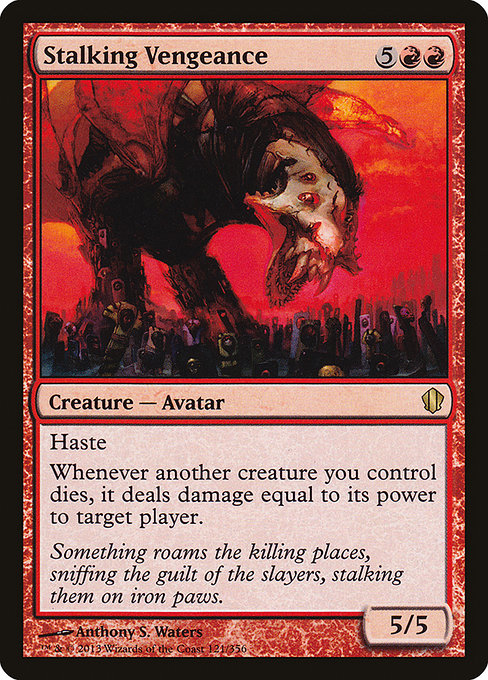 Haste
Whenever another creature you control dies, it deals damage equal to its power to target player or planeswalker.