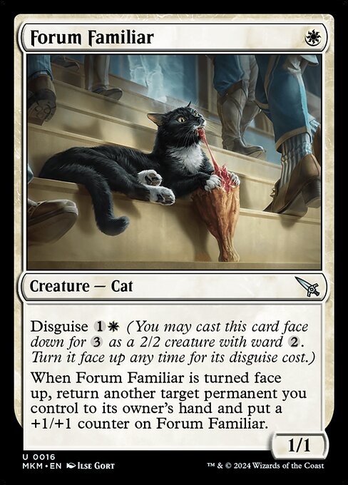 Disguise {1}{W} (You may cast this card face down for {3} as a 2/2 creature with ward {2}. Turn it face up any time for its disguise cost.)
When Forum Familiar is turned face up, return another target permanent you control to its owner's hand and put a +1/+1 counter on Forum Familiar.