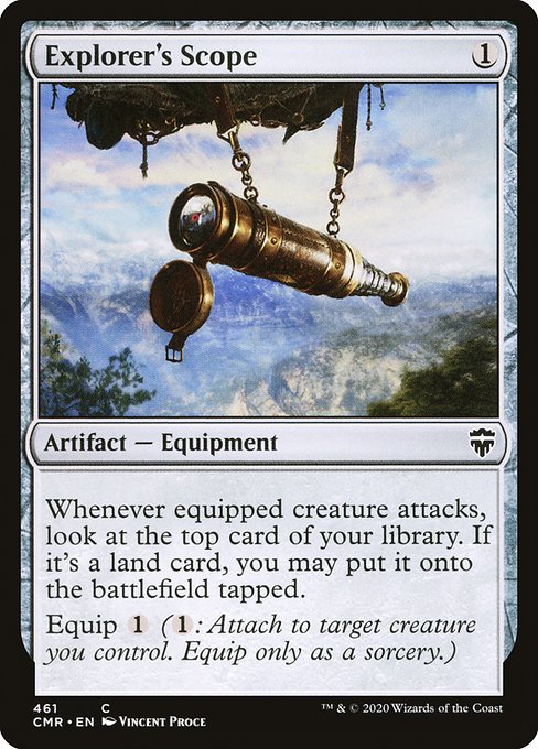 Whenever equipped creature attacks, look at the top card of your library. If it's a land card, you may put it onto the battlefield tapped.
Equip {1} ({1}: Attach to target creature you control. Equip only as a sorcery.)