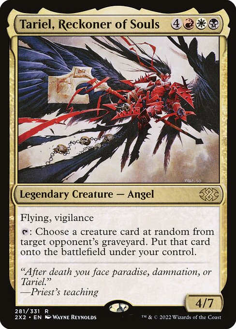 Flying, vigilance
{T}: Choose a creature card at random from target opponent's graveyard. Put that card onto the battlefield under your control.