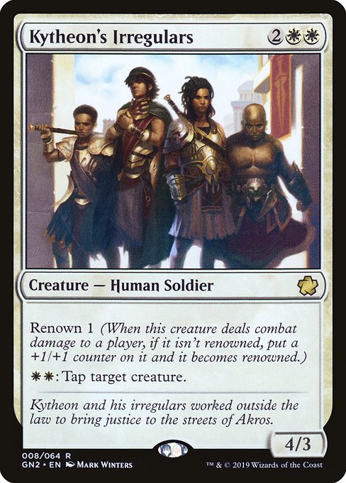 Renown 1 (When this creature deals combat damage to a player, if it isn't renowned, put a +1/+1 counter on it and it becomes renowned.)
{W}{W}: Tap target creature.