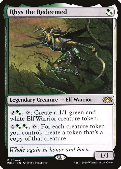 {2}{G/W}, {T}: Create a 1/1 green and white Elf Warrior creature token.
{4}{G/W}{G/W}, {T}: For each creature token you control, create a token that's a copy of that creature.