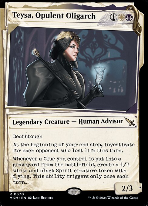 Deathtouch
At the beginning of your end step, investigate for each opponent who lost life this turn.
Whenever a Clue you control is put into a graveyard from the battlefield, create a 1/1 white and black Spirit creature token with flying. This ability triggers only once each turn.