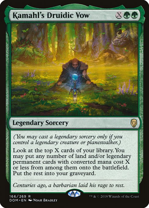 (You may cast a legendary sorcery only if you control a legendary creature or planeswalker.)
Look at the top X cards of your library. You may put any number of land and/or legendary permanent cards with mana value X or less from among them onto the battlefield. Put the rest into your graveyard.