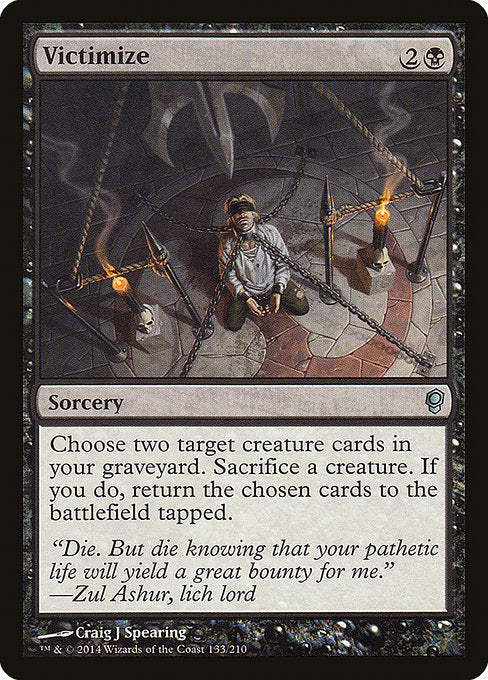 Choose two target creature cards in your graveyard. Sacrifice a creature. If you do, return the chosen cards to the battlefield tapped.