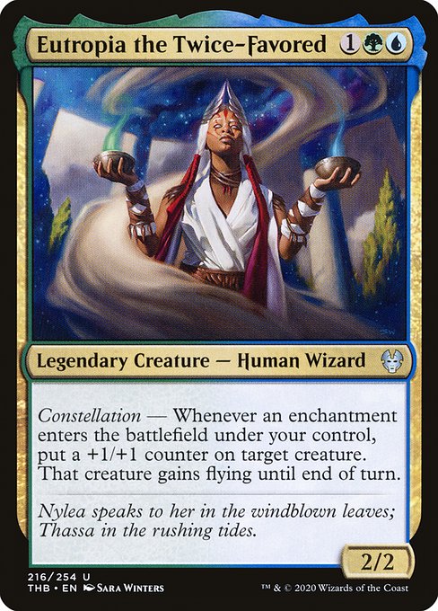 Constellation — Whenever an enchantment enters the battlefield under your control, put a +1/+1 counter on target creature. That creature gains flying until end of turn.