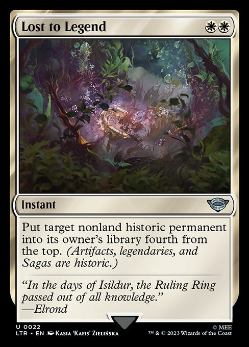 Put target nonland historic permanent into its owner's library fourth from the top. (Artifacts, legendaries, and Sagas are historic.)