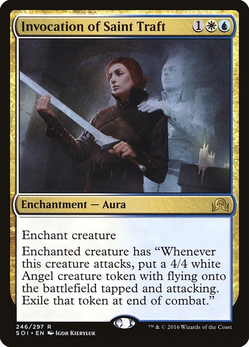 Enchant creature
Enchanted creature has "Whenever this creature attacks, create a 4/4 white Angel creature token with flying that's tapped and attacking. Exile that token at end of combat."