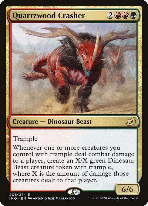 Trample
Whenever one or more creatures you control with trample deal combat damage to a player, create an X/X green Dinosaur Beast creature token with trample, where X is the amount of damage those creatures dealt to that player.