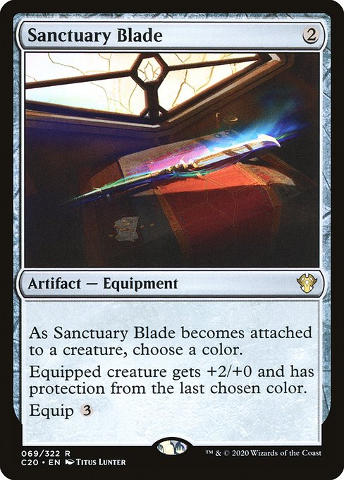 As Sanctuary Blade becomes attached to a creature, choose a color.
Equipped creature gets +2/+0 and has protection from the last chosen color.
Equip {3}