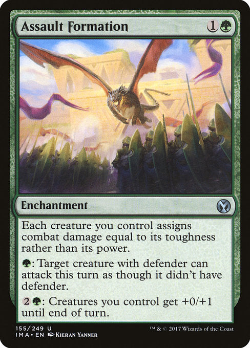 Each creature you control assigns combat damage equal to its toughness rather than its power.
{G}: Target creature with defender can attack this turn as though it didn't have defender.
{2}{G}: Creatures you control get +0/+1 until end of turn.