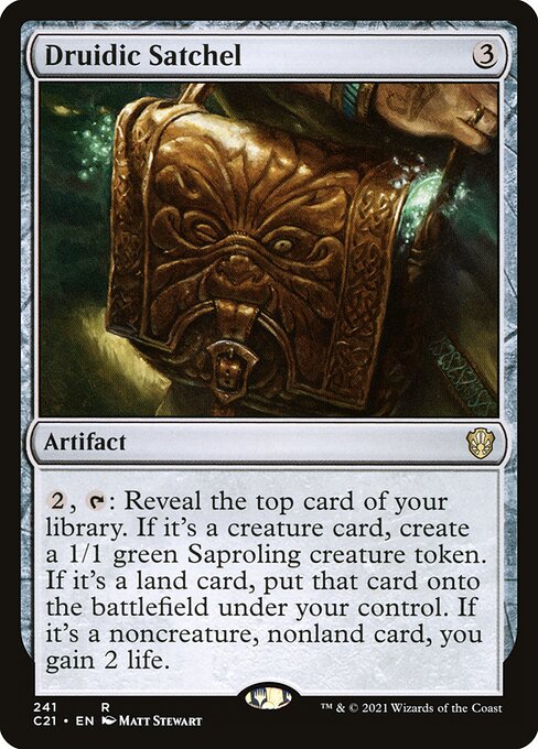 {2}, {T}: Reveal the top card of your library. If it's a creature card, create a 1/1 green Saproling creature token. If it's a land card, put that card onto the battlefield under your control. If it's a noncreature, nonland card, you gain 2 life.