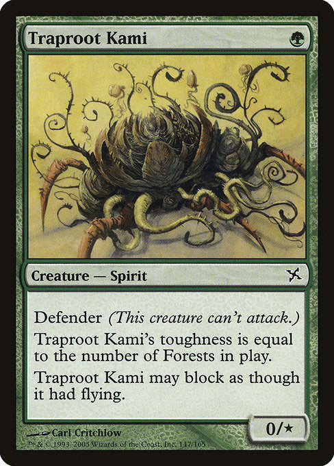 Defender; reach (This creature can block creatures with flying.)
Traproot Kami's toughness is equal to the number of Forests on the battlefield.