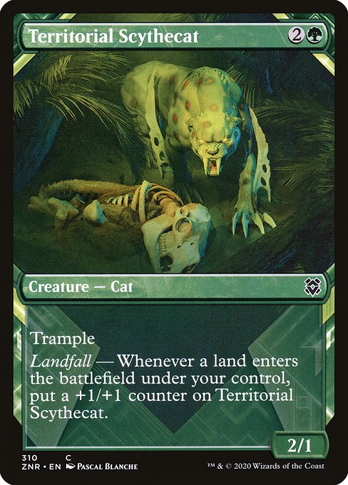 Trample
Landfall — Whenever a land enters the battlefield under your control, put a +1/+1 counter on Territorial Scythecat.