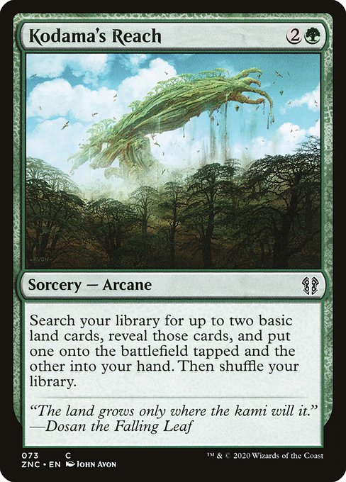 Search your library for up to two basic land cards, reveal those cards, put one onto the battlefield tapped and the other into your hand, then shuffle.