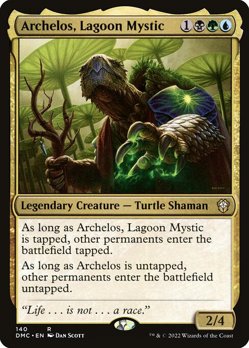 As long as Archelos, Lagoon Mystic is tapped, other permanents enter the battlefield tapped.
As long as Archelos is untapped, other permanents enter the battlefield untapped.