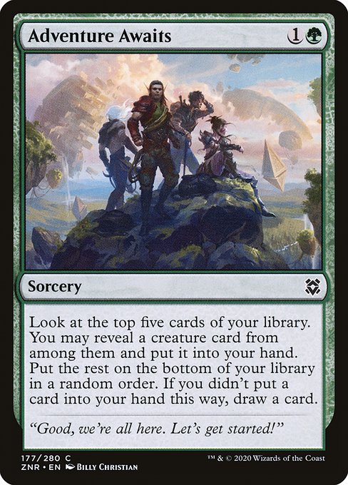 Look at the top five cards of your library. You may reveal a creature card from among them and put it into your hand. Put the rest on the bottom of your library in a random order. If you didn't put a card into your hand this way, draw a card.