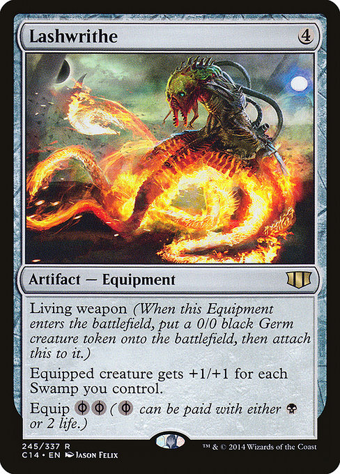 Living weapon (When this Equipment enters the battlefield, create a 0/0 black Phyrexian Germ creature token, then attach this to it.)
Equipped creature gets +1/+1 for each Swamp you control.
Equip {B/P}{B/P} ({B/P} can be paid with either {B} or 2 life.)