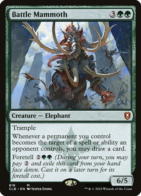 Trample
Whenever a permanent you control becomes the target of a spell or ability an opponent controls, you may draw a card.
Foretell {2}{G}{G} (During your turn, you may pay {2} and exile this card from your hand face down. Cast it on a later turn for its foretell cost.)