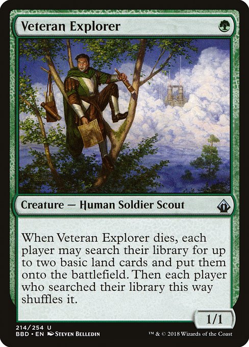 When Veteran Explorer dies, each player may search their library for up to two basic land cards, put them onto the battlefield, then shuffle.