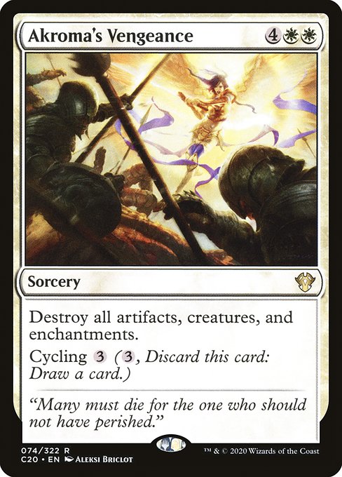 Destroy all artifacts, creatures, and enchantments.
Cycling {3} ({3}, Discard this card: Draw a card.)