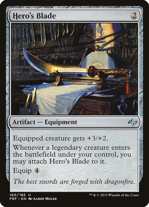 Equipped creature gets +3/+2.
Whenever a legendary creature enters the battlefield under your control, you may attach Hero's Blade to it.
Equip {4} ({4}: Attach to target creature you control. Equip only as a sorcery.)