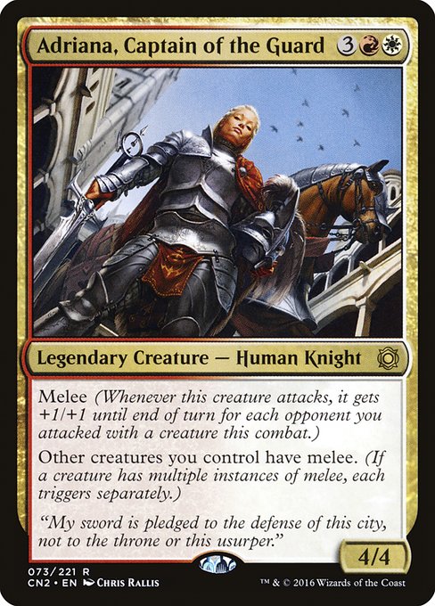 Melee (Whenever this creature attacks, it gets +1/+1 until end of turn for each opponent you attacked this combat.)
Other creatures you control have melee. (If a creature has multiple instances of melee, each triggers separately.)