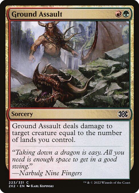 Ground Assault deals damage to target creature equal to the number of lands you control.